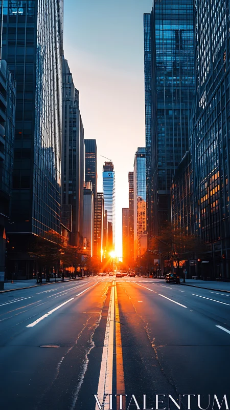 Sunlit urban canyon with reflective glass skyscrapers at dusk.