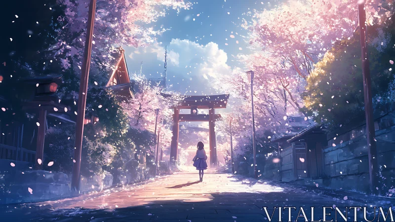 Spring shrine avenue under drifting cherry blossoms at dusk.