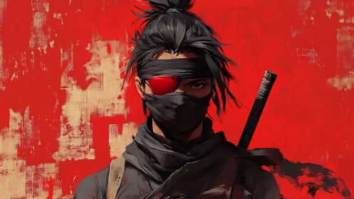 Fierce masked warrior stands ready against bold red backdrop