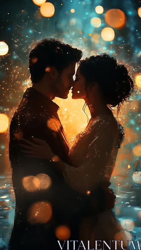 Silhouetted Couple Kissing Amid Bokeh Light Particles.