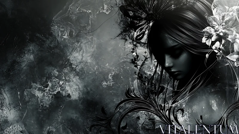 Melancholic floral portrait in monochrome digital flourish.