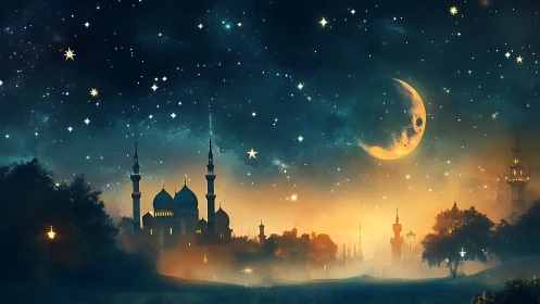Moonlit mosque skyline under glowing star-rich night sky.