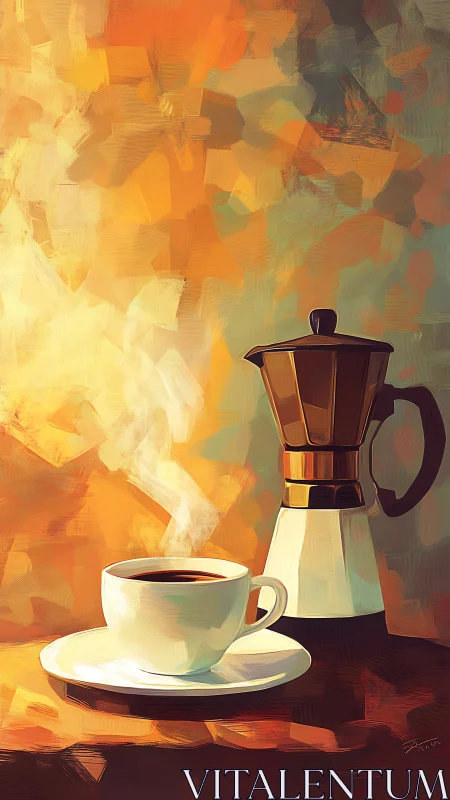 Cozy morning coffee with moka pot and sunlit colors.