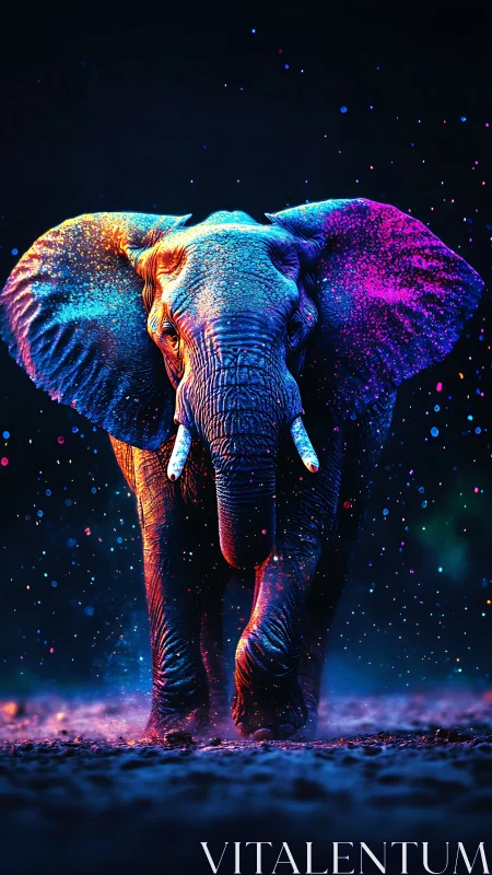 Neon-dusted elephant strides through vibrant cosmic dusk.
