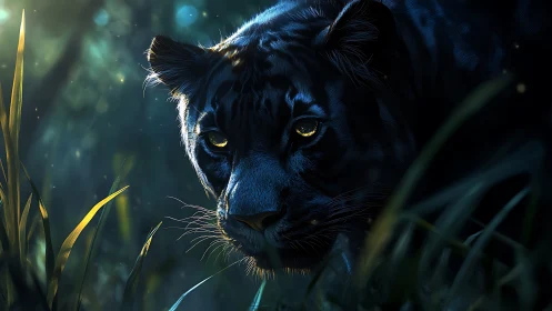 Black panther rendered with luminous golden eyes and atmospheric lighting effects.