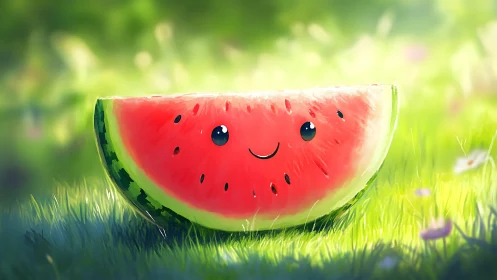 Smiling watermelon slice on sunlit meadow background.