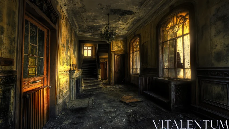Decaying manor corridor glowing with eerie sunset light.