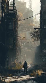 Solitary recon operative in overgrown industrial corridor.