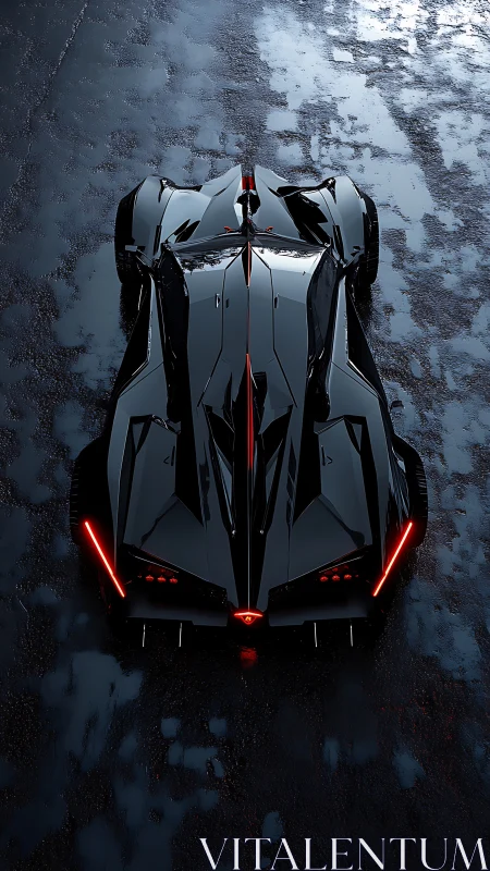 Futuristic black supercar on wet asphalt, top view.