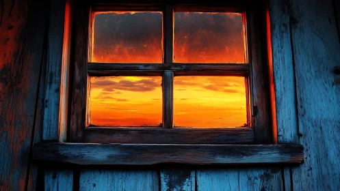 Photorealistic sunset framed by rustic wooden window grid.