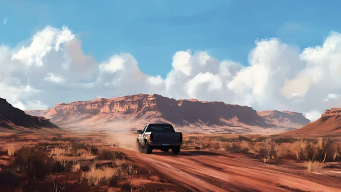 Pickup truck drives along dusty desert road toward mesas