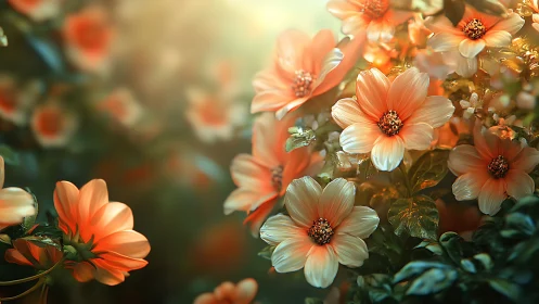 Orange and white composite flowers with layered petals and dark centers displayed in depth of field 