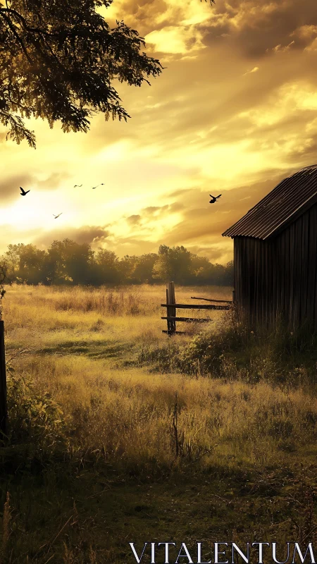 Golden dusk tiptoes past the quiet barn and open field
