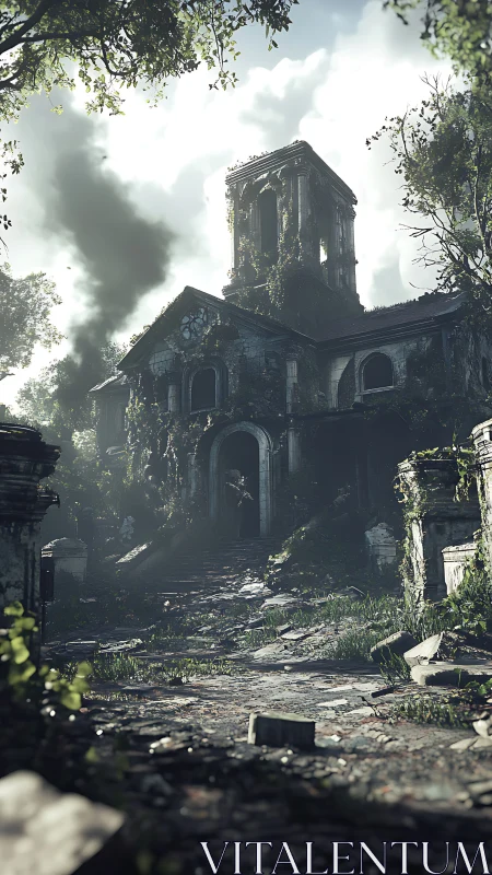 Ivy-draped ruin whispers through shafts of haunted daylight.