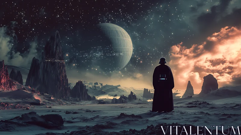 Dark figure surveys alien ice desert under colossal moon