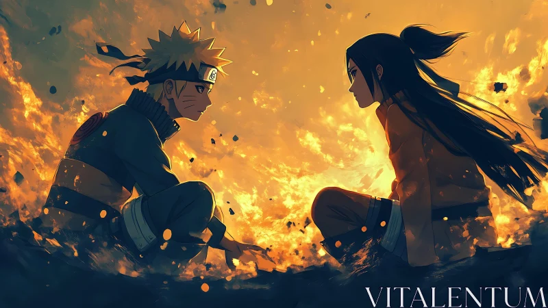 Fiery dusk duel of destined ninja rivals in molten silence.