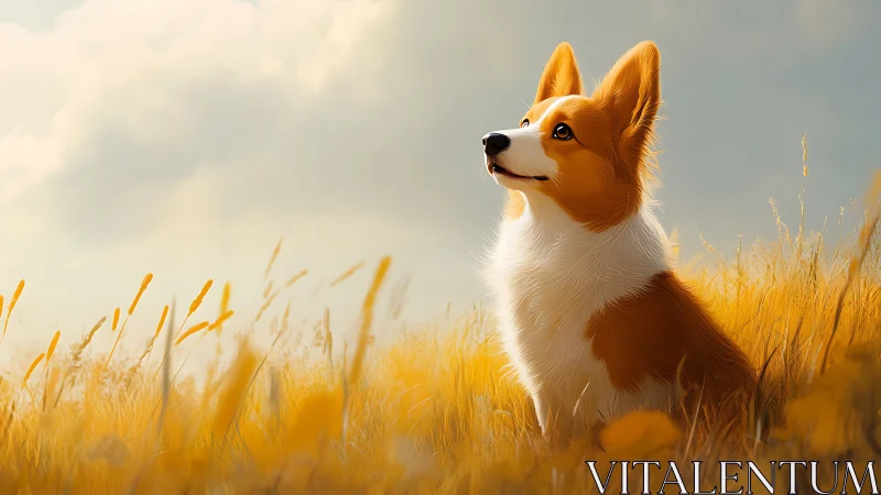 Corgi dog in golden field under soft cloudy daylight.