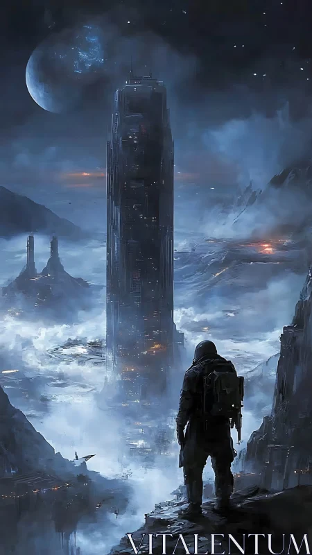 Solitary explorer studies colossal tower on frozen alien world