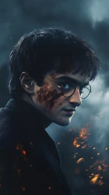 Battle-scarred young wizard walks through drifting embers.