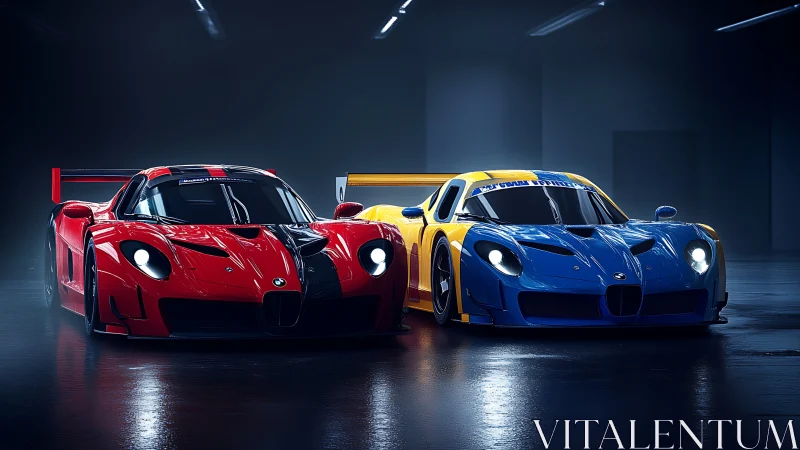 Dueling neon GT racecars idling under midnight pit lights.