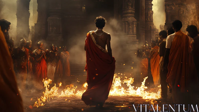 Ritual firewalk in temple courtyard with robed devotees and flames