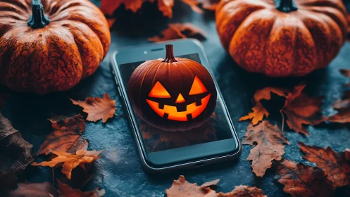 Illuminated Jack-O'-Lantern Mobile Display Surrounded by Autumn Pumpkins.