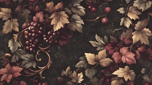 Grapevine foliage pattern with clustered fruit on dark ground.