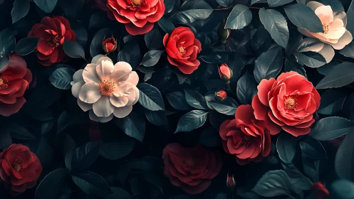 Botanical cluster study featuring luminous hybrid roses with dichromatic petal structure