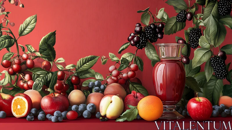 Still life shows mixed fruit and glass of red juice