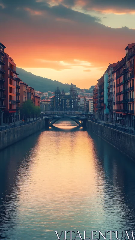 Sunset river canyon carving light through the quiet cityscape.