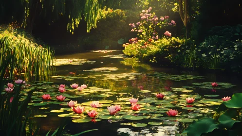 Sunlit lily pond drifts through a secret flowering sanctuary.