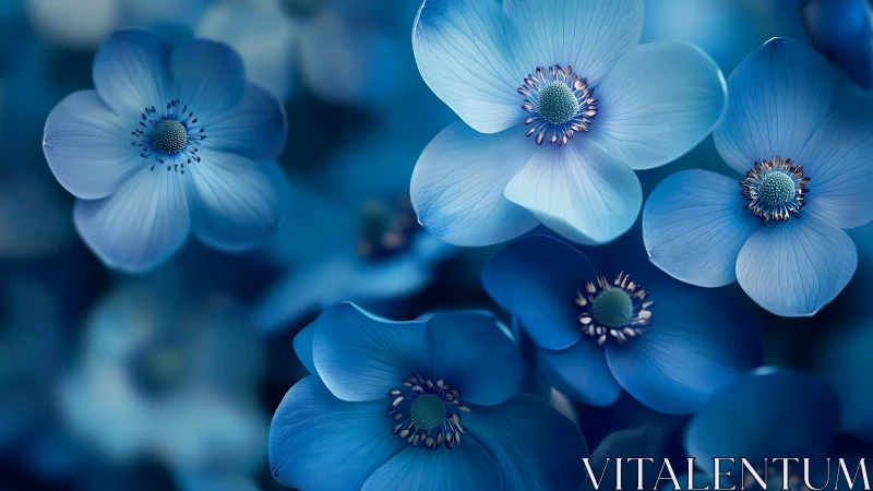 Blue anemone flowers with detailed stamen centers.