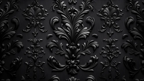 Black baroque damask pattern forms sculpted ornamental relief