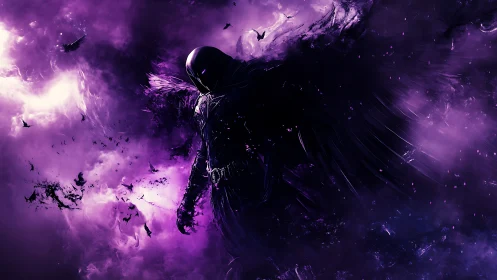 Shadowed winged figure emerges from luminous violet nebular storm