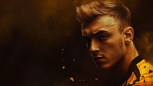 Smolder-eyed striker forged in molten amber light storm.