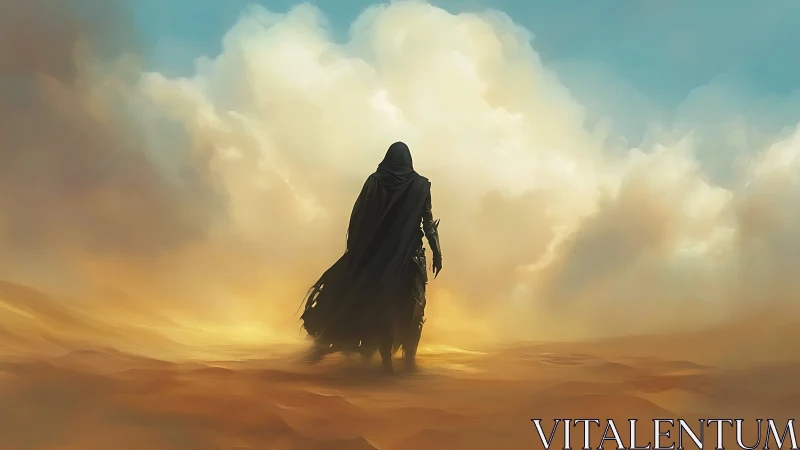Cloaked wanderer melts into a storm of desert light and sky