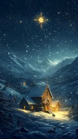 Digital painting of alpine chapel under luminous guiding star.