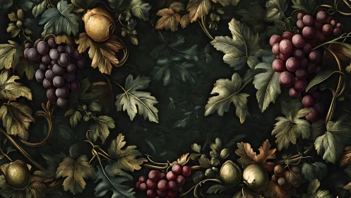 Baroque grape garlands frame deep green botanical field.