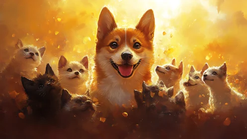 Golden Hour Pack: Corgi and Cats in Radiant Flames.