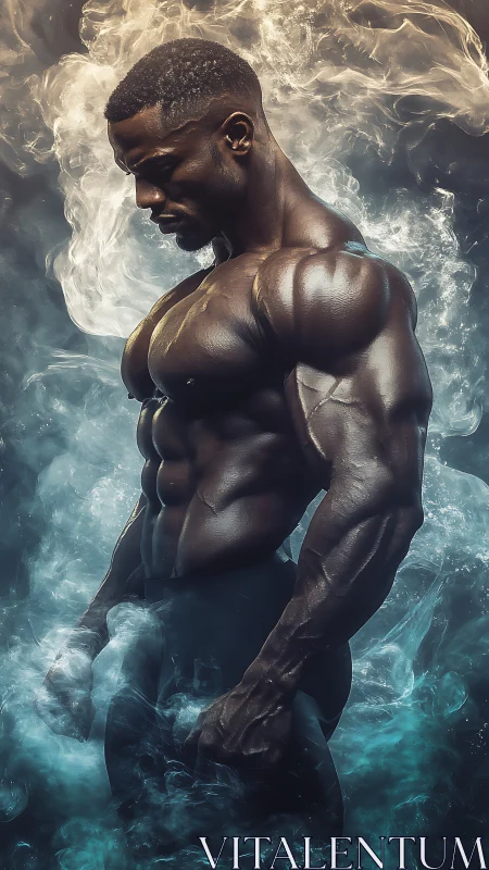 Powerful silhouette in swirling blue and gold mist.