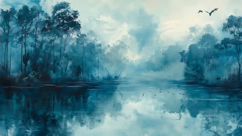 Spectral cyan wetland with mirrored treeline and diffused avians.