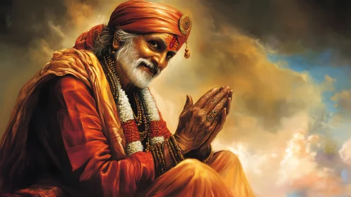 Elderly guru in orange robes with folded hands, calm pose.