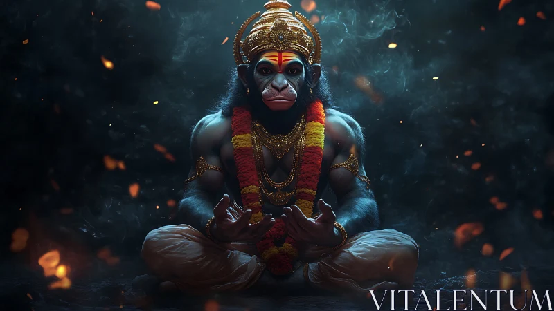 Simian humanoid figure in ornate attire seated in meditation.