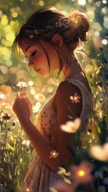 Young woman holds daisy in backlit field digital illustration