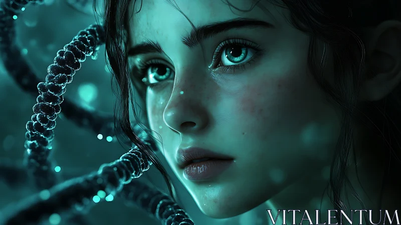 Bioluminescent thoughts orbit a girl in teal genetic spirals