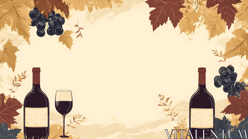 Autumn wine composition with bottles, glass and grape clusters.