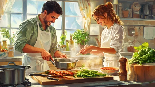 Couple cooking together in bright home kitchen scene.