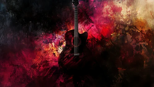 Acoustic guitar centered against abstract color field background.