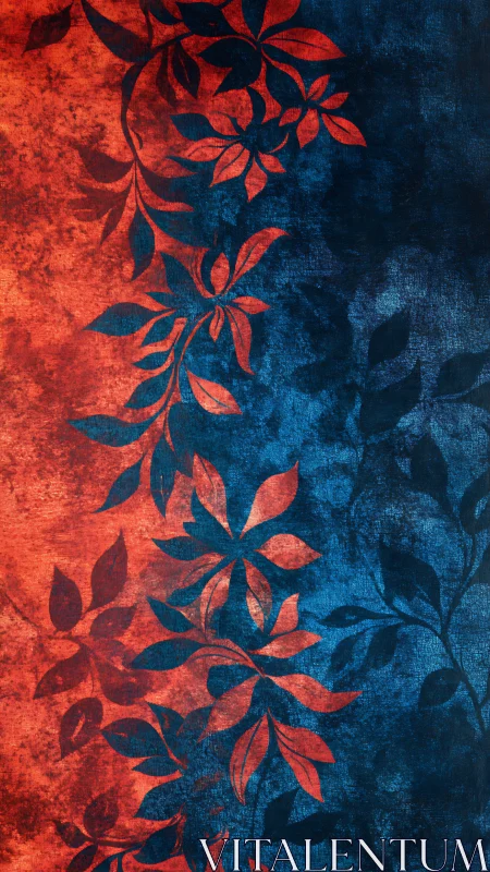 Floral silhouettes divide fiery red and deep blue texture