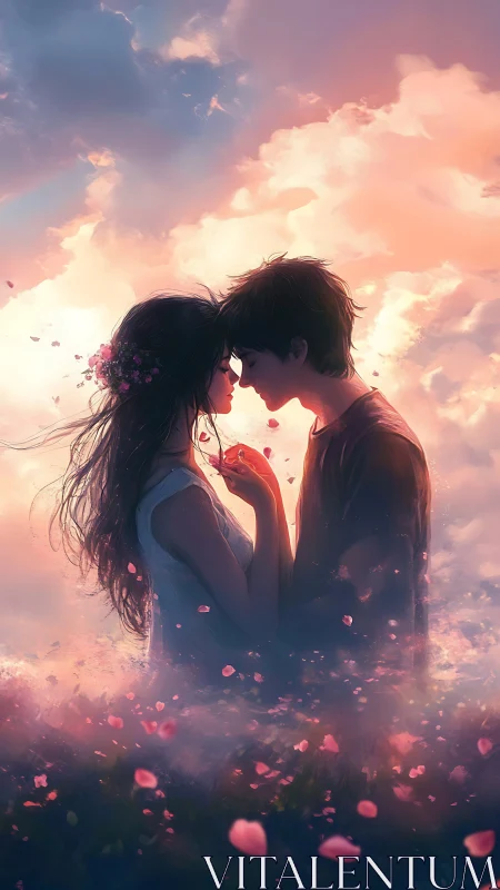 Luminous Embrace: Romantic Silhouettes Against Ethereal Cloudscape.